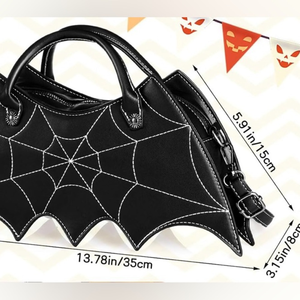 Black Bat Bag With Spider Web Design - Comes With Crossbody Strap - Picture 6 of 7